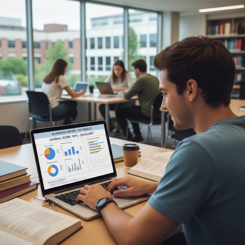 Uczeń pracuje z laptopem, obok wizualizacja AI analizującego wyniki testu