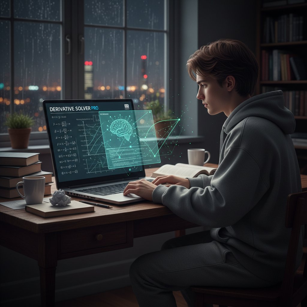 Uczeń korzystający z laptopa, ekran z aplikacją AI do nauki pochodnych, intensywna praca w nocy
