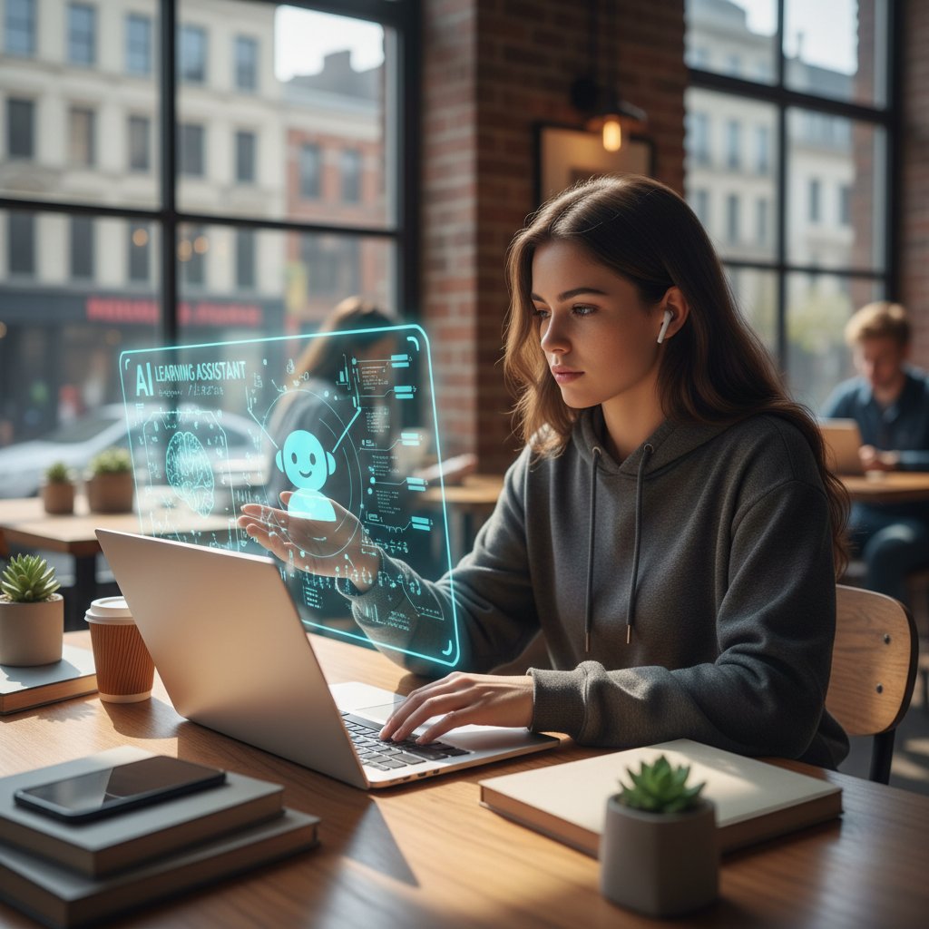 Uczeń korzystający z laptopa przy biurku, wyświetlona aplikacja edukacyjna AI, atmosfera skupienia