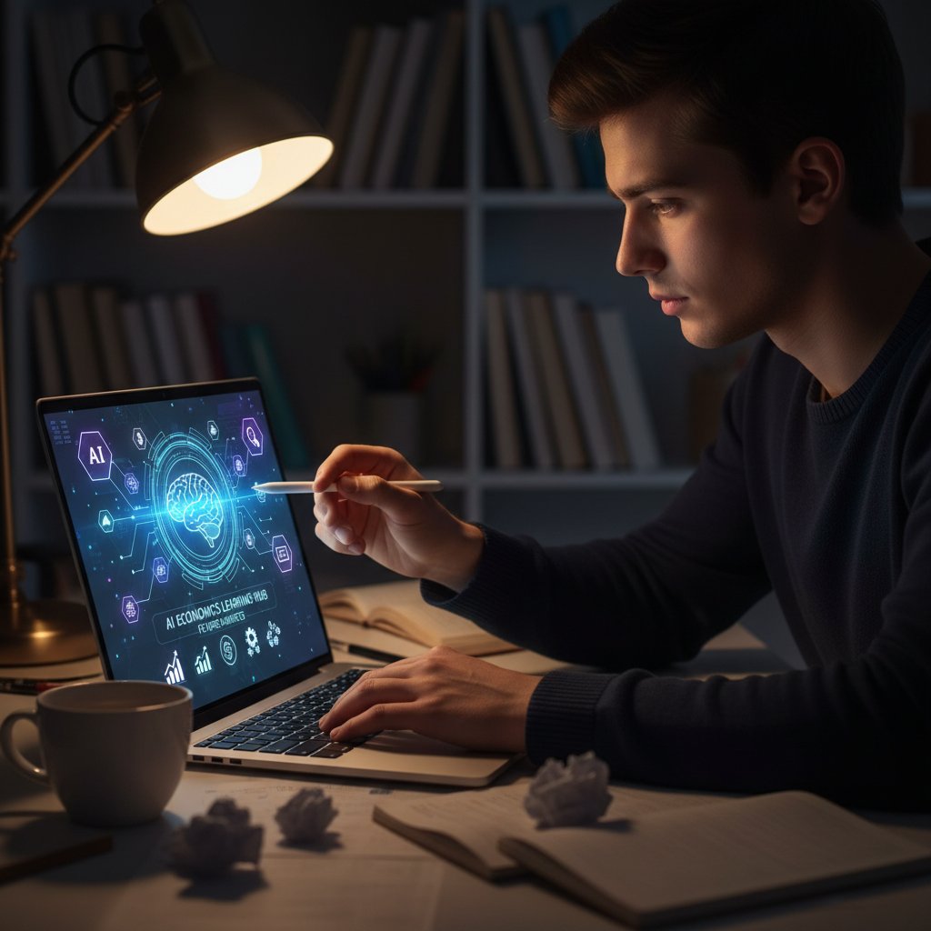 Osobisty korepetytor AI – młody student korzystający z laptopa, wokół cyfrowe ikony AI i ekonomii