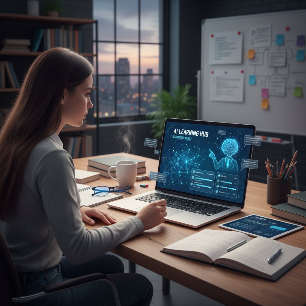 Uczeń korzystający z laptopa, interaktywna nauka z AI, spokojna atmosfera