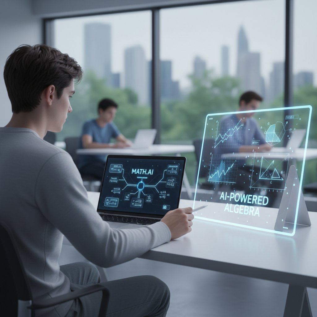 Młody uczeń korzystający z laptopa, sztuczna inteligencja, matematyka, ekran z cyfrową tablicą