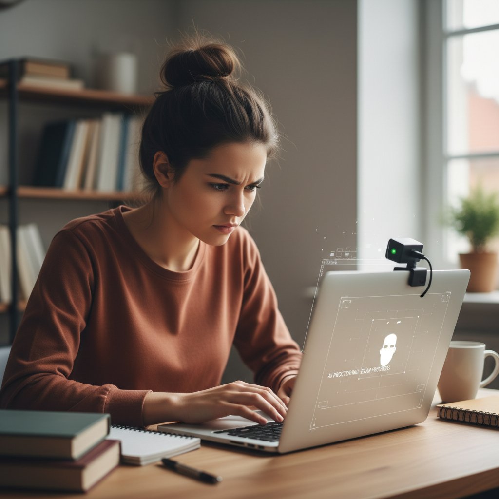 Student podczas egzaminu monitorowanego przez AI, kamera na laptopie, skupienie