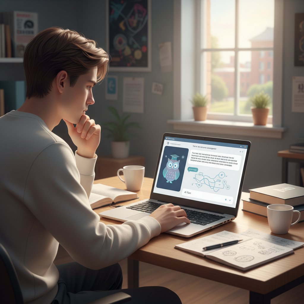 Student korzystający z laptopa i aplikacji AI, skupiona twarz, otoczenie sprzyjające nauce