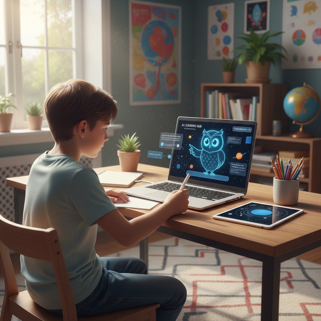 Uczennica korzystająca z laptopa i AI tutor, wizualizacja nowoczesnej edukacji cyfrowej w domu