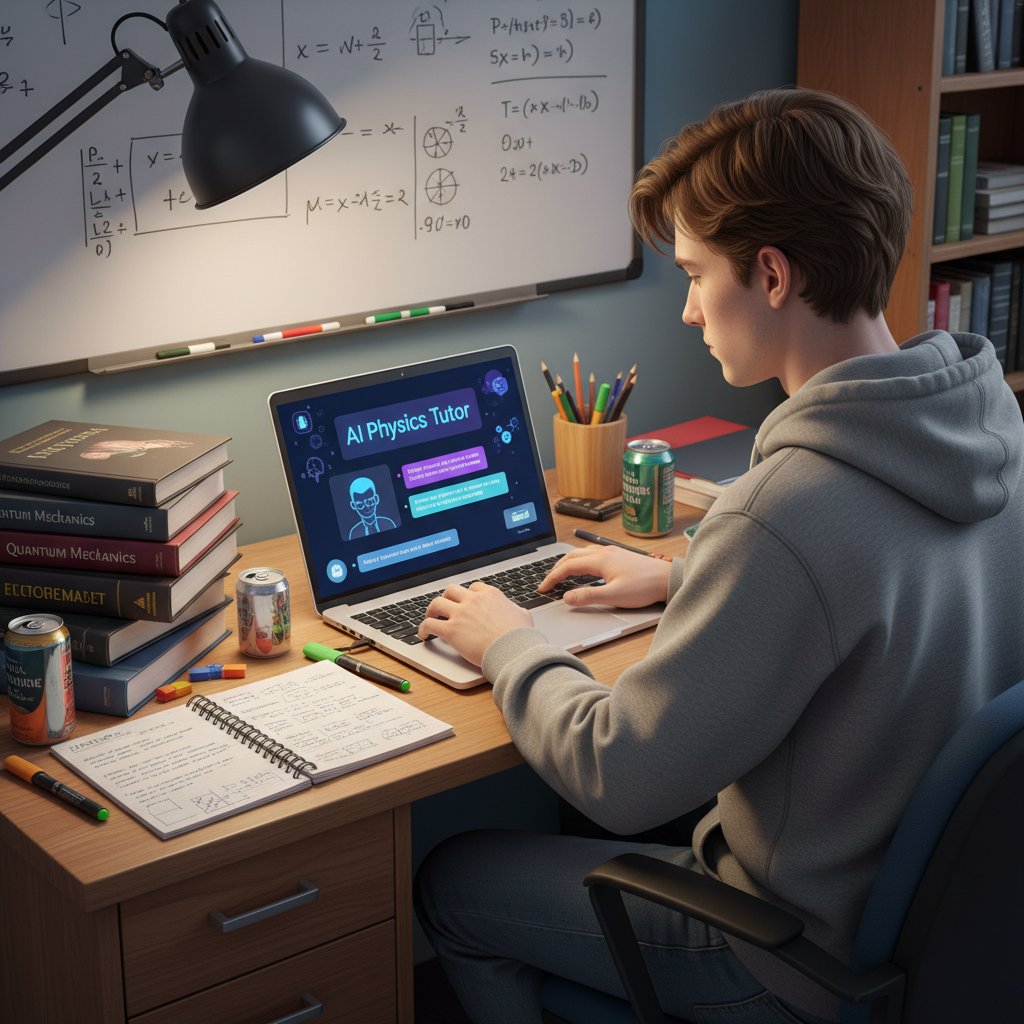 Student korzystający z laptopa, na którym wyświetlona jest aplikacja edukacyjna z AI, wokół książki do fizyki i notatki
