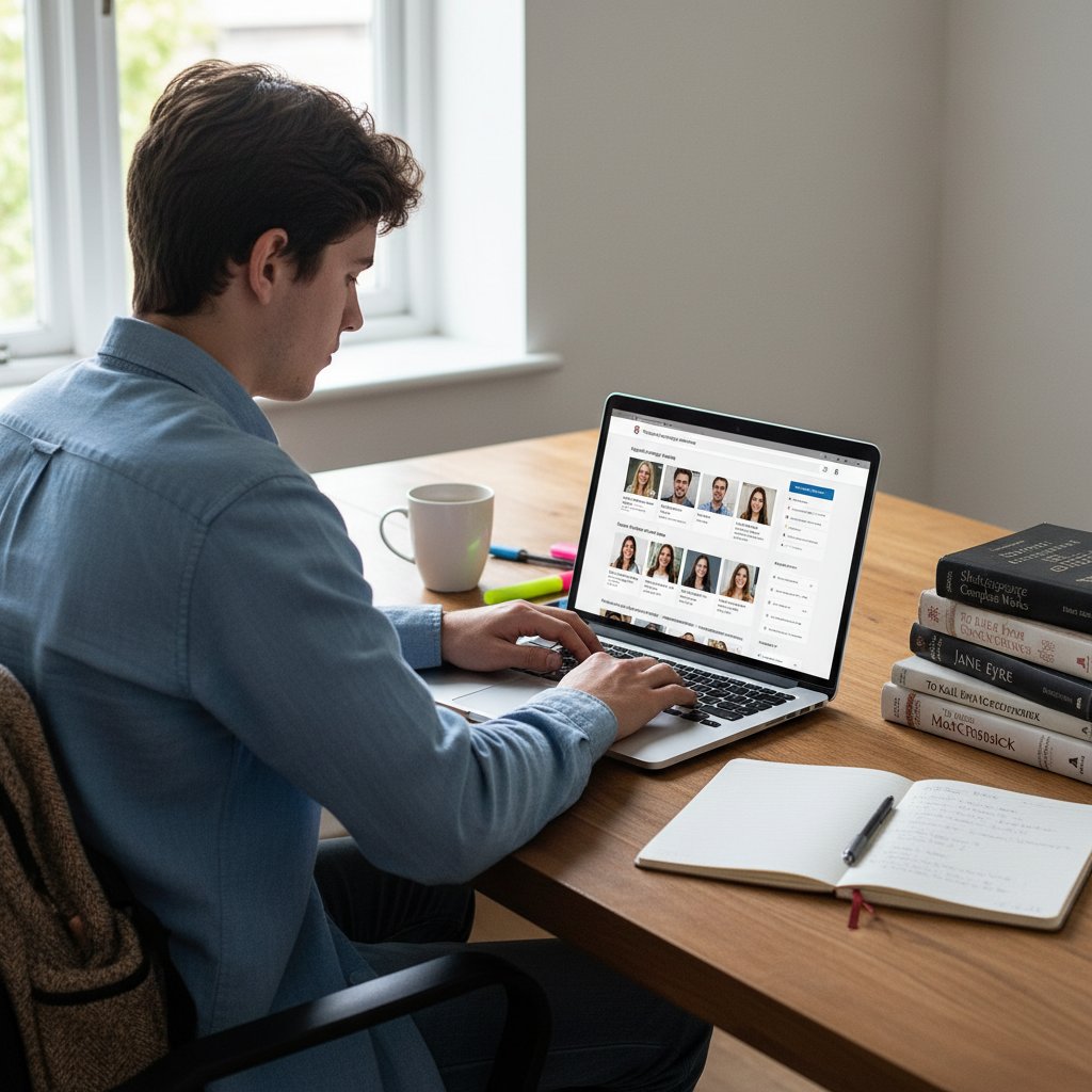 Uczeń analizujący oferty korepetytorów na laptopie, obok notatki i książki do angielskiego