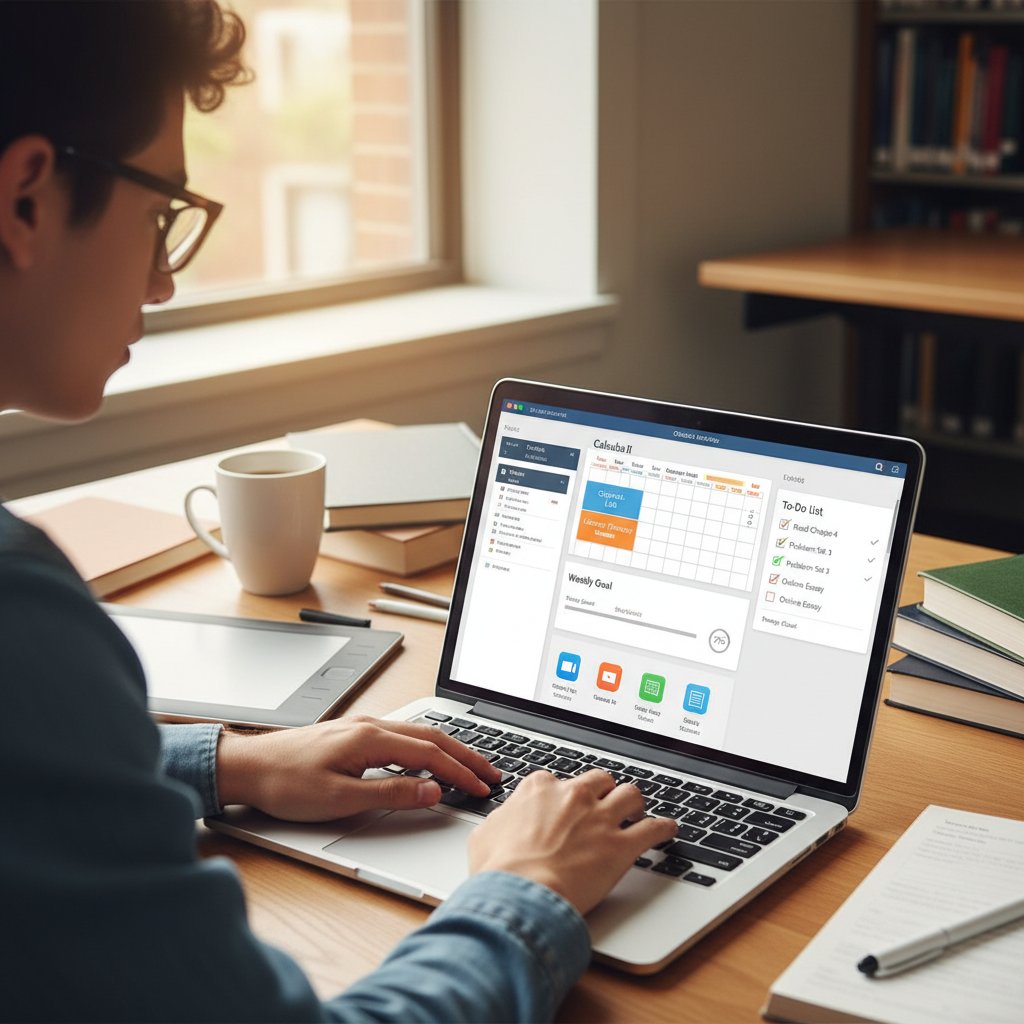 Student planujący naukę na laptopie, otwarte aplikacje, porównanie narzędzi