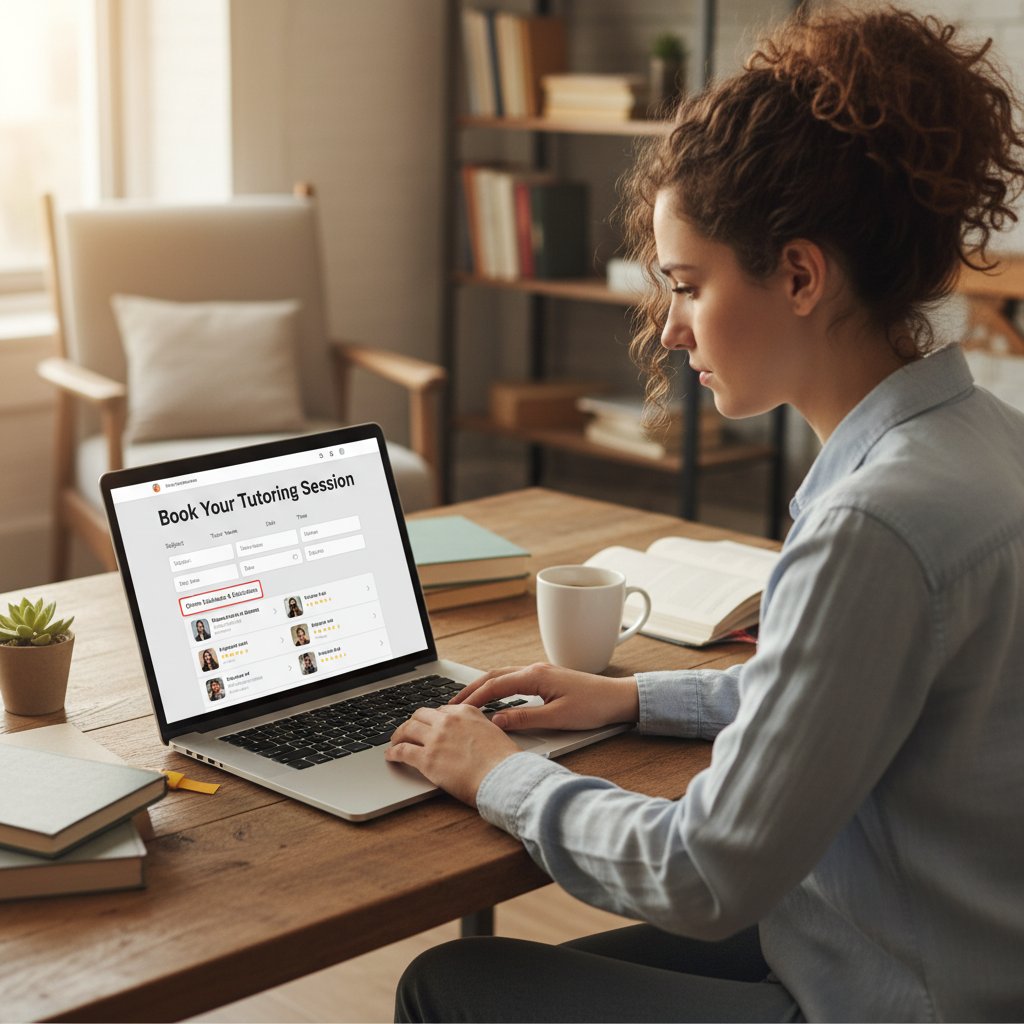 Młody uczeń korzysta z platformy do rezerwacji pierwszej lekcji z korepetytorem baz danych