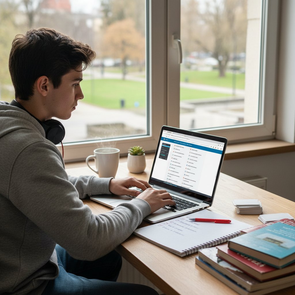 Student korzystający z laptopa i checklisty podczas nauki do egzaminu językowego online