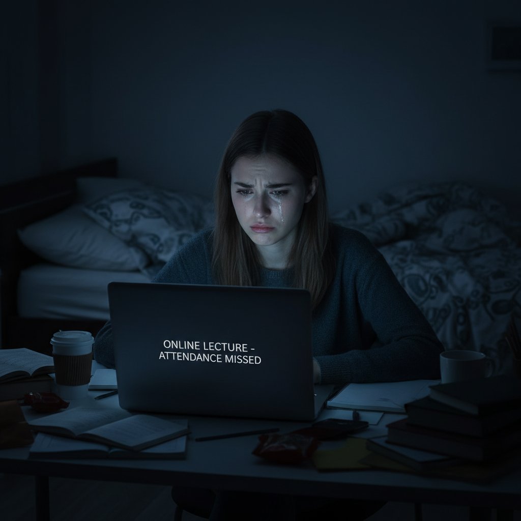 Uczeń z laptopem patrzy zaskoczony na ekran – rozczarowanie lekcjami online