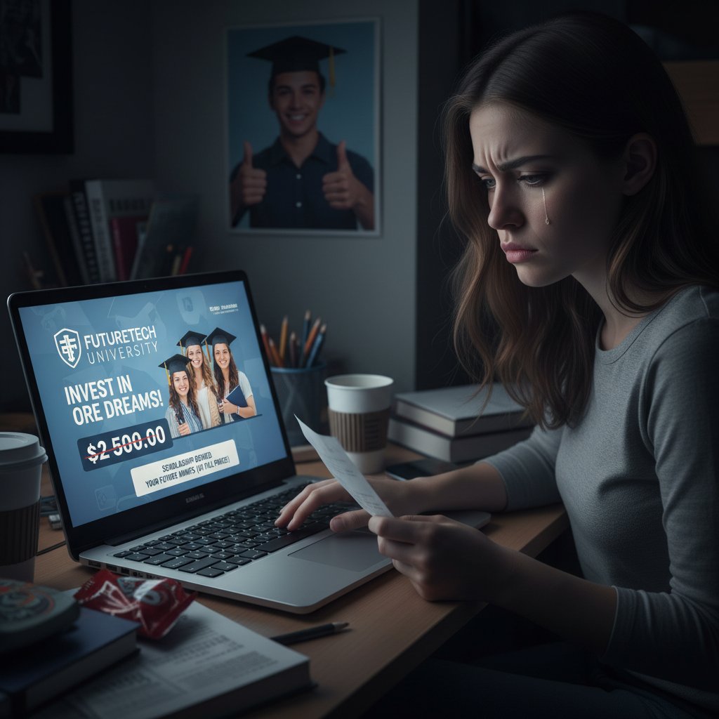 Uczeń rozczarowany obietnicami reklam, patrzący na ekran laptopa z wątpliwością