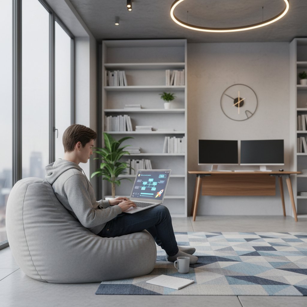 Uczeń korzystający z laptopa i aplikacji edukacyjnej, nowoczesne wnętrze, wyraz skupienia