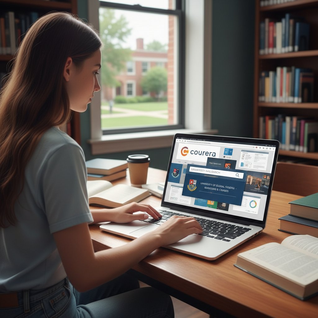 Student korzystający z laptopa, przeglądający różne platformy edukacyjne i bazy danych