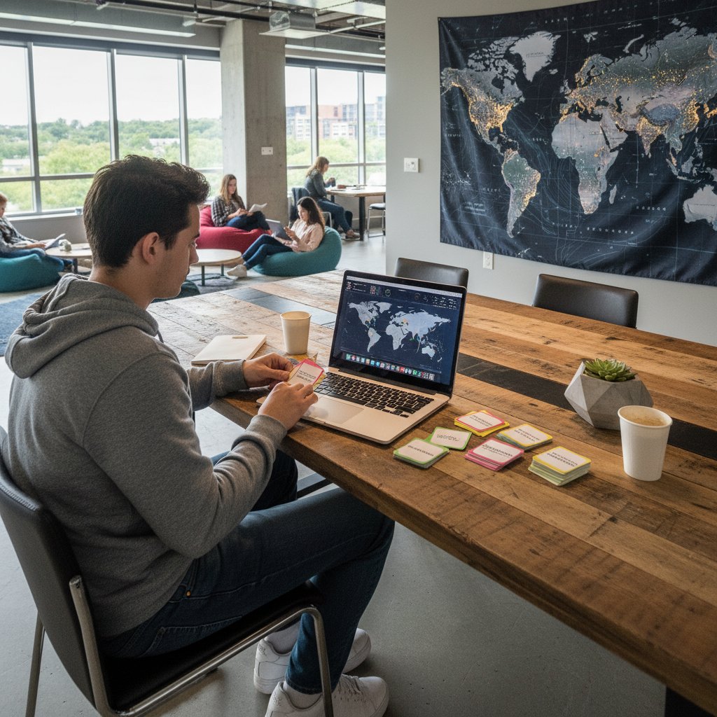 Uczeń korzystający z laptopa, obok leżą fiszki i mapa, nowoczesne technologie w nauce geografii