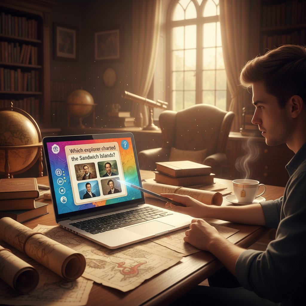 Nowoczesny uczeń pracujący na laptopie z otwartymi mapami historycznymi i multimedialnymi quizami, atmosfera inspirującej pracy