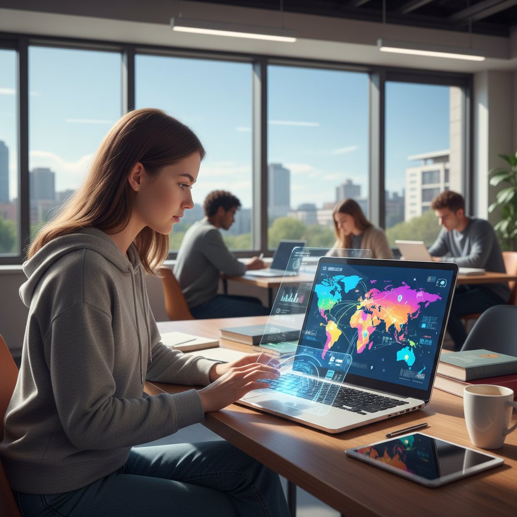 Student korzysta z laptopa z interaktywną mapą polityczną świata