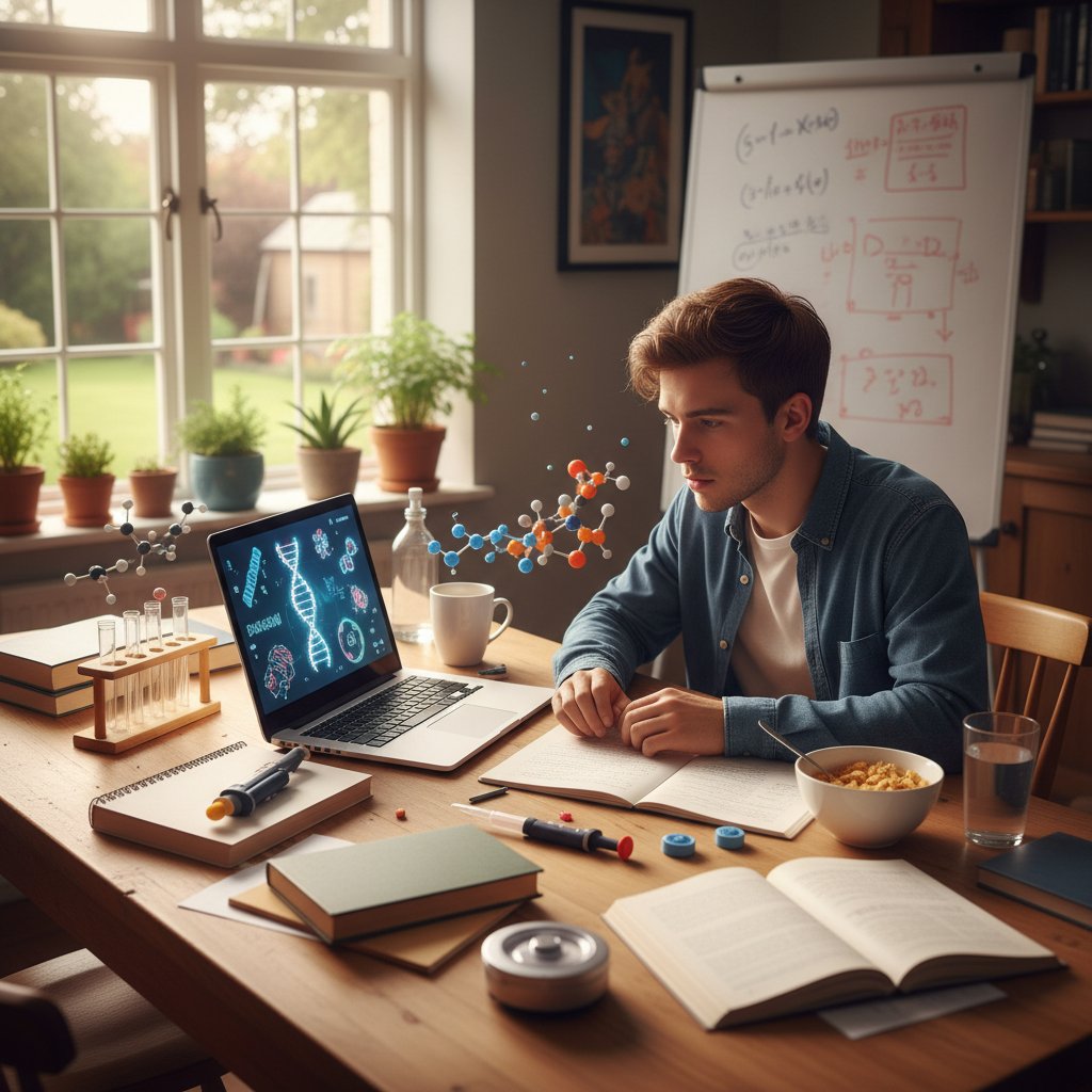 Student pracujący z komputerem, otoczony książkami i symbolami naukowymi – biologia molekularna online w domowym środowisku