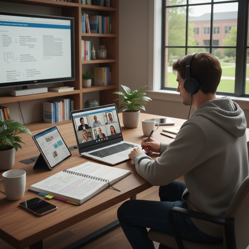 Student korzystający jednocześnie z laptopa (AI) i notatnika, ilustracja hybrydowej nauki