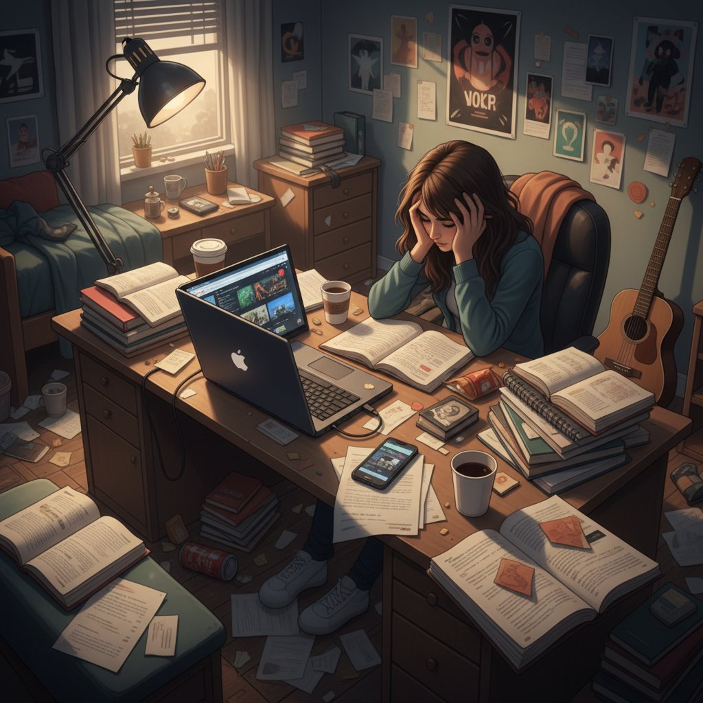 Uczeń przed ekranem laptopa, otoczony materiałami do nauki i rozpraszaczami