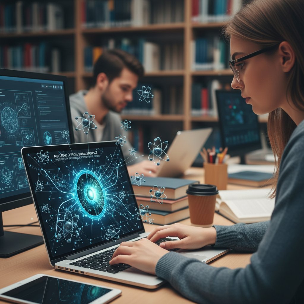 Student analizuje wyniki symulacji jądrowej na laptopie, zbliżenie na ekran z modelami atomów