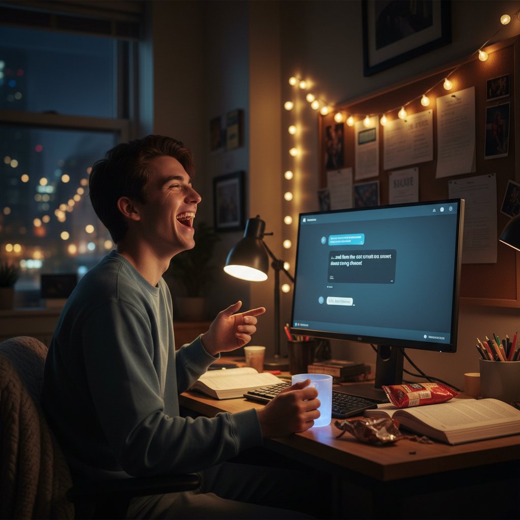 Student śmiejący się do komputera podczas rozmowy z AI