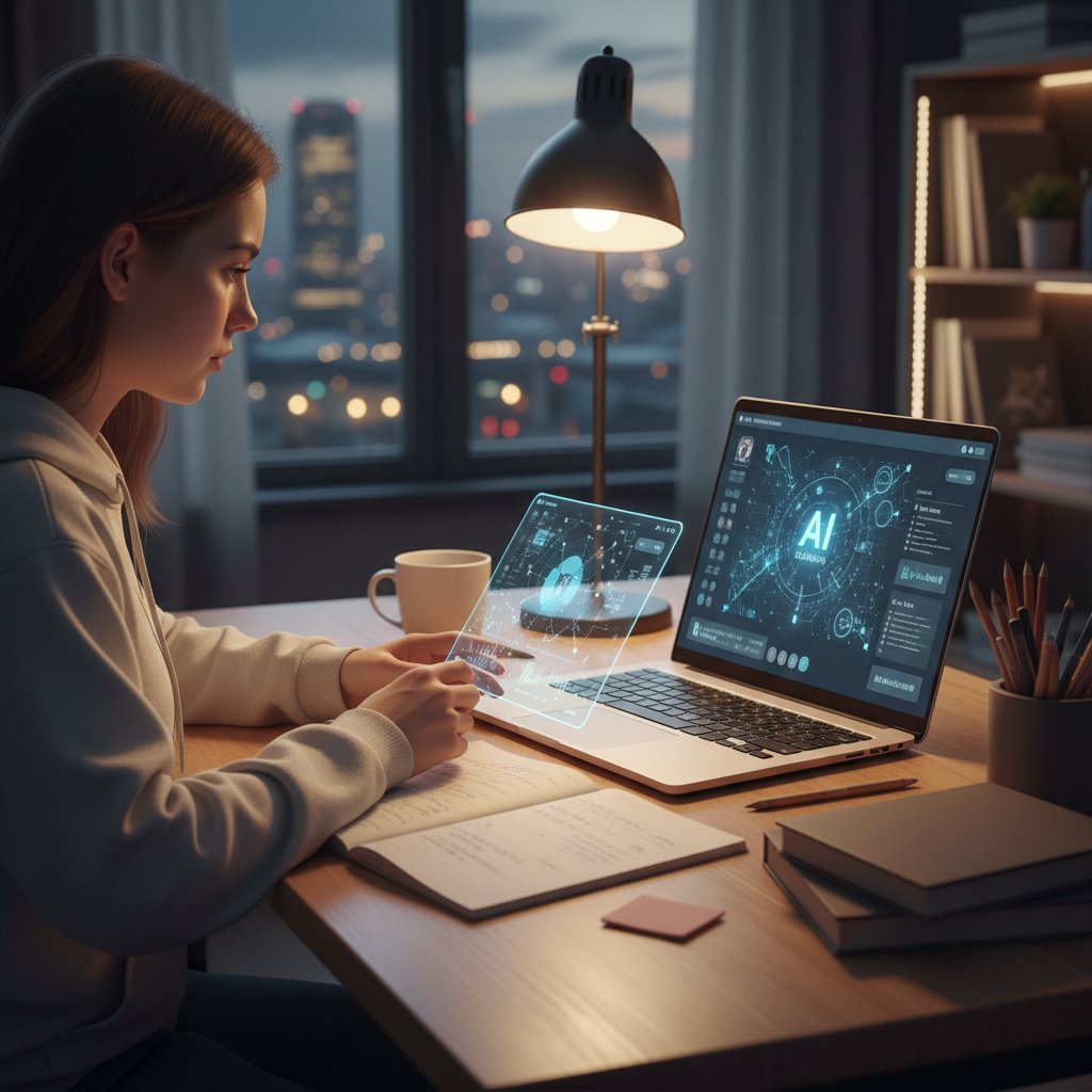 Uczeń korzystający z aplikacji AI do nauki w domu, wieczorem, notatki, laptop