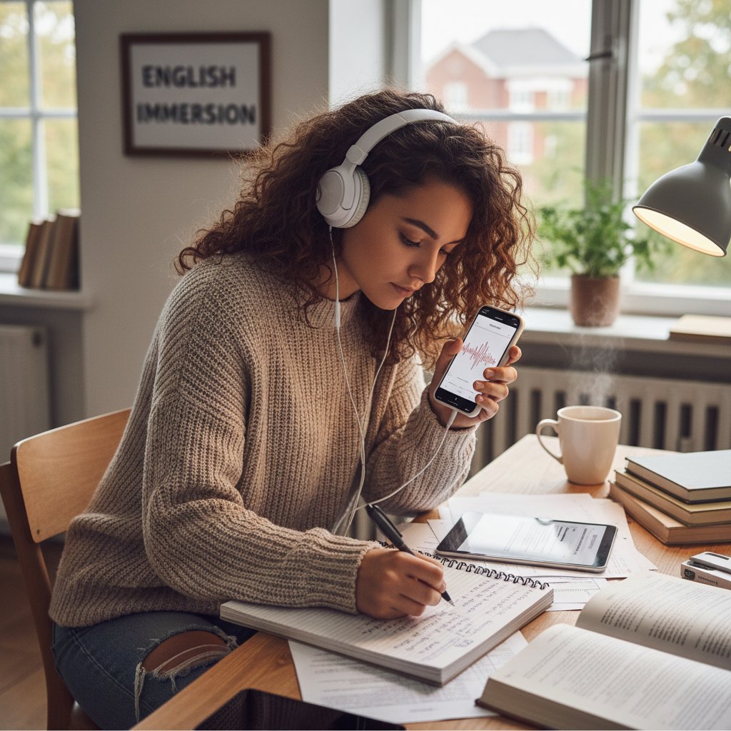 Student notujący podczas słuchania podcastu po angielsku