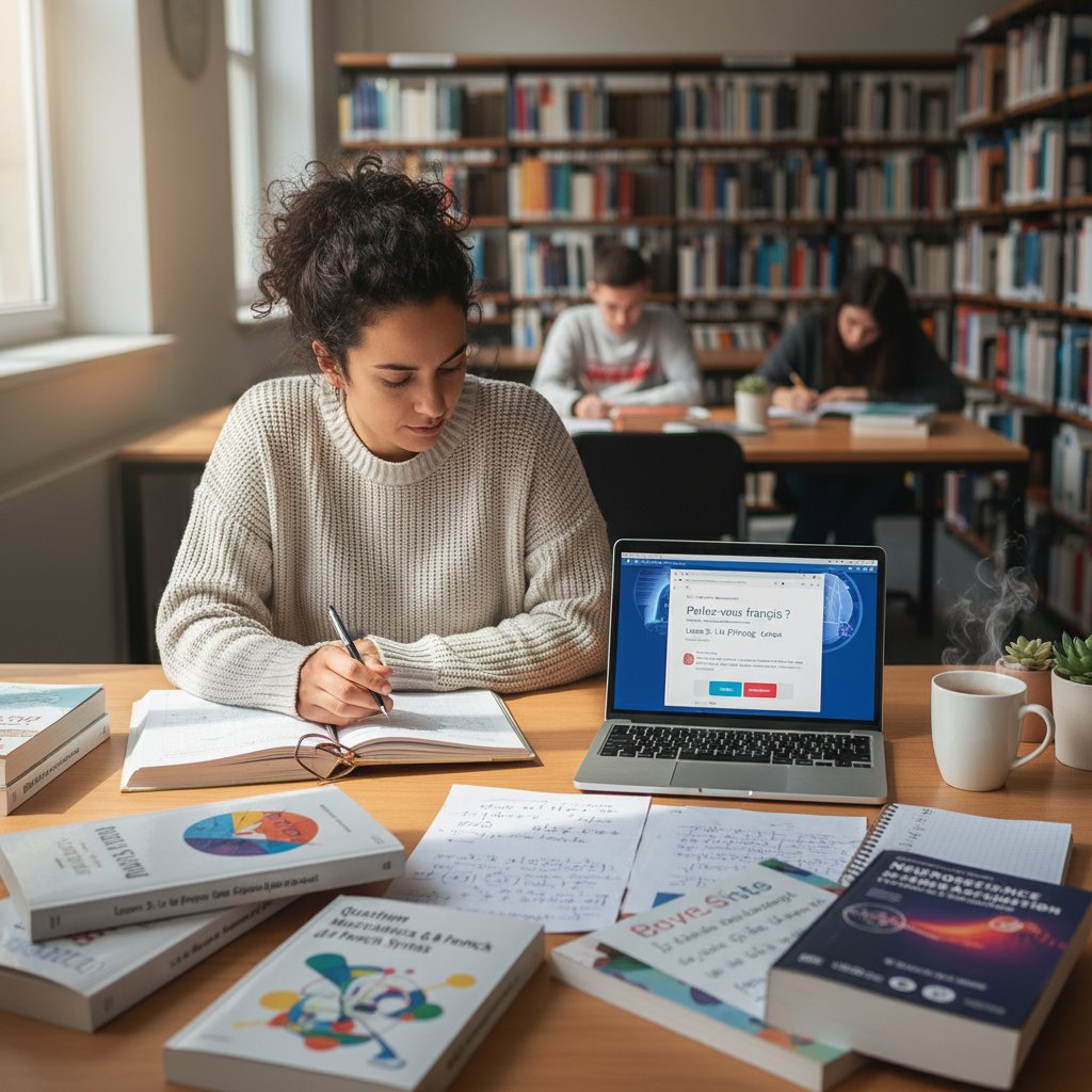 Student korzystający z laptopa, notatnikiem i książkami naukowymi podczas nauki francuskiego online