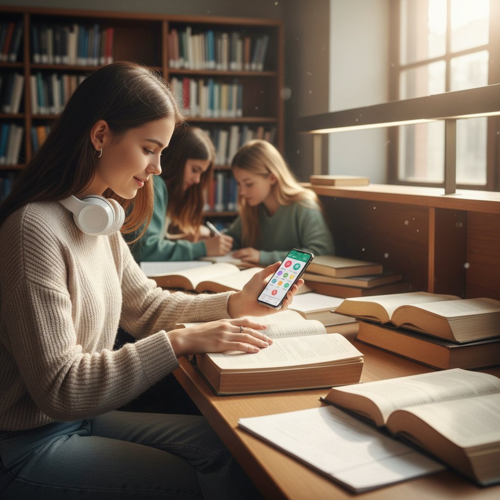 Student korzystający z podręcznika i smartfona jednocześnie podczas nauki