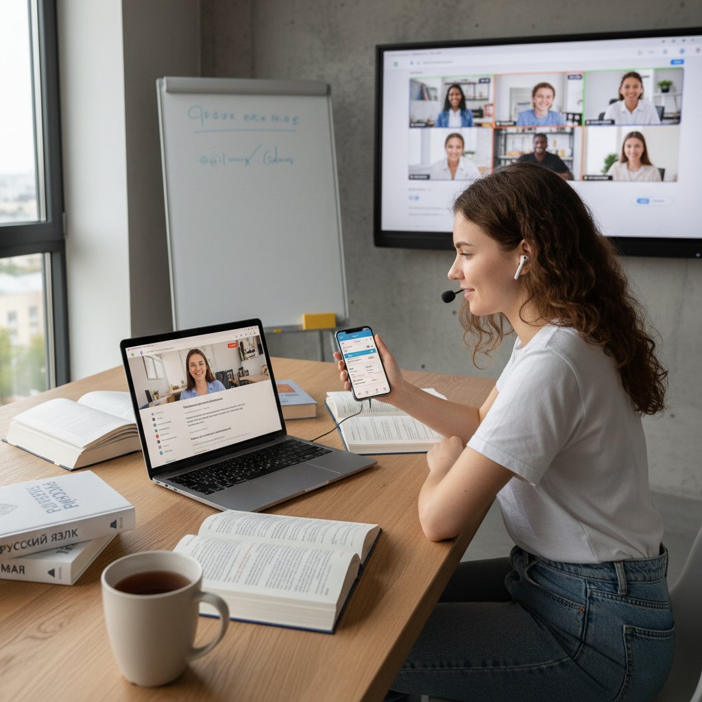 Student uczący się rosyjskiego na smartfonie i laptopie, otoczenie nowoczesnej edukacji online
