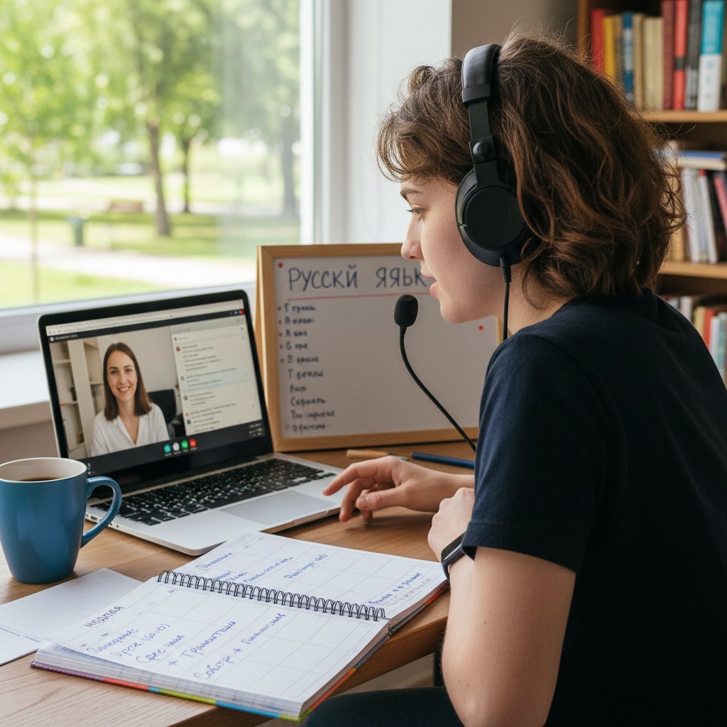 Uczeń podczas nauki rosyjskiego online, biurko z laptopem, zeszytem i kawą, w tle tablica z planem