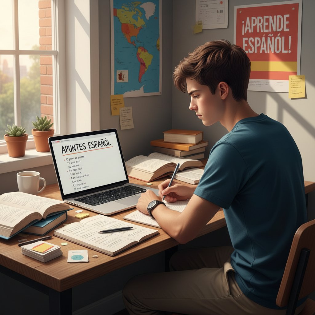 Studentka ucząca się hiszpańskiego z laptopem i notatkami, skupienie i determinacja