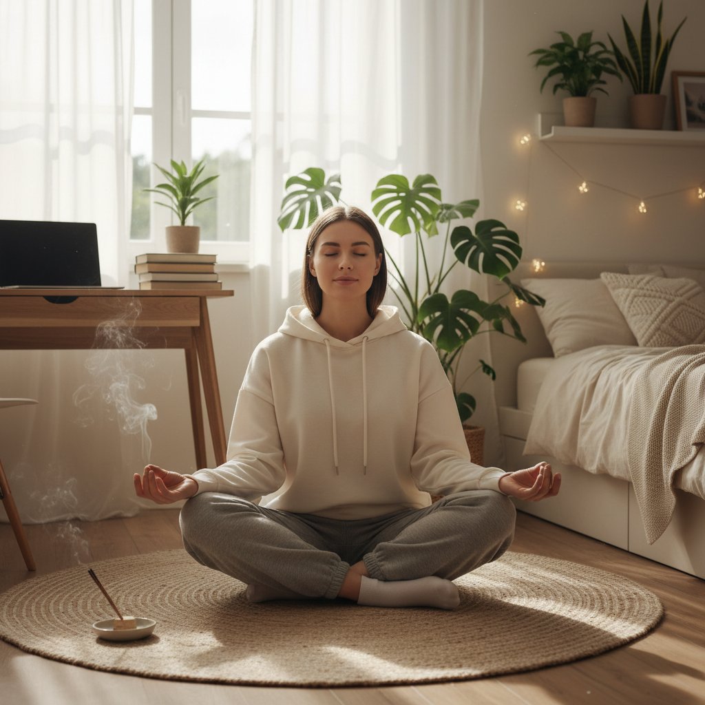 Uczeń medytujący w pokoju dla relaksu, spokojna atmosfera sprzyjająca nauce