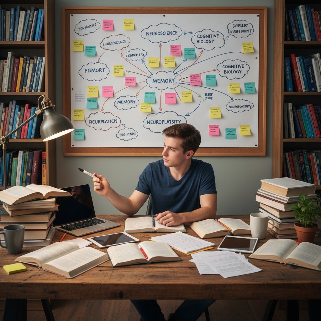 Studentka rozrysowująca mapę myśli na dużej kartce z książkami wokół siebie