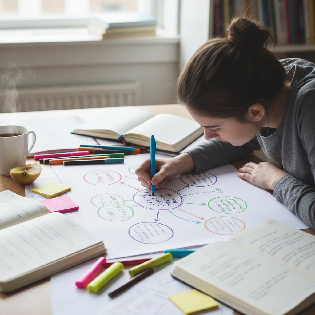Student rysujący mapę myśli z kolorowymi długopisami – ilustruje technikę
