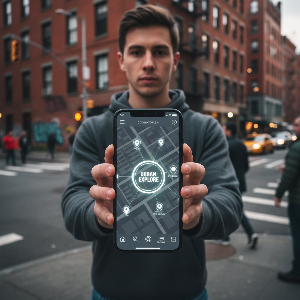 Student korzystający z aplikacji na telefonie, odkrywa lokalne atrakcje, mapa, nowoczesność