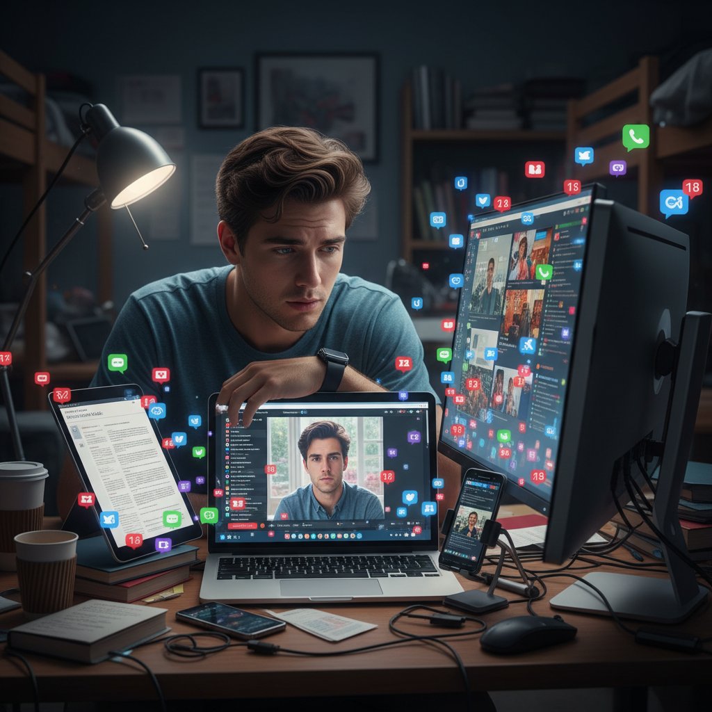 Zmęczenie cyfrowe podczas nauczania online – uczeń przy biurku otoczony ekranami, symbole powiadomień, oznaki znużenia