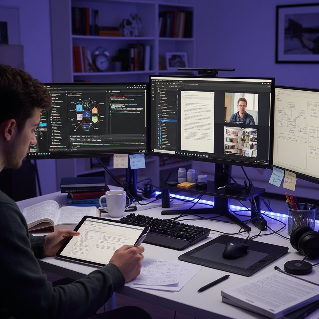 Uczeń korzystający z wielu ekranów, notatek i narzędzi cyfrowych podczas nauki online, skupienie