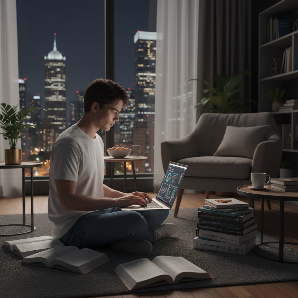 Nocna nauka ekonomii przy laptopie, młoda osoba otoczona książkami i wykresami