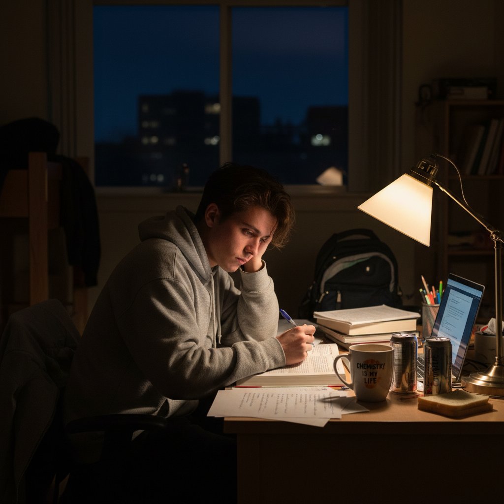 Student siedzący nocą przy biurku, książki, komputer, kawa, zmęczony wzrok