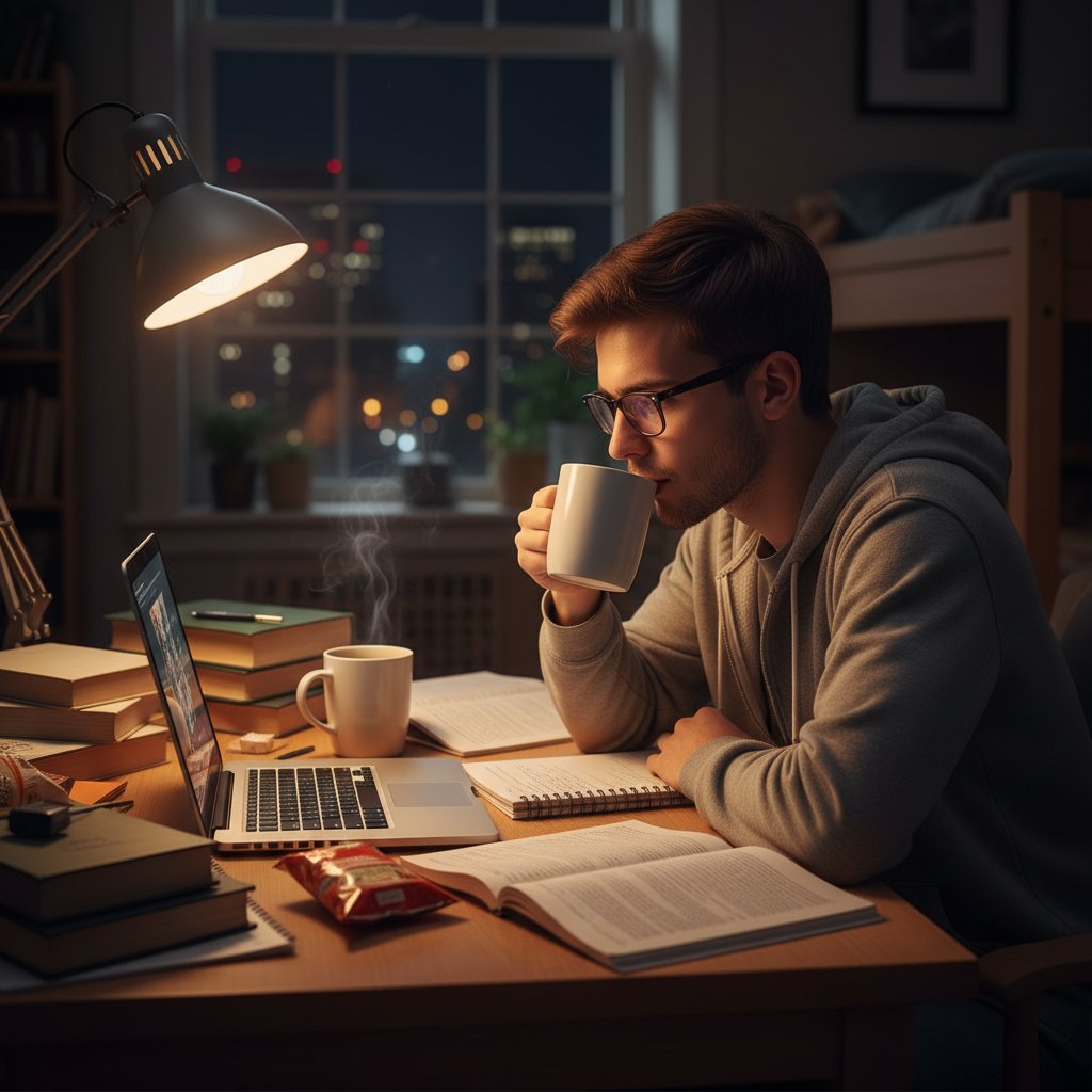 Wieczorne zajęcia online, studentka z kubkiem kawy przed laptopem i notatkami