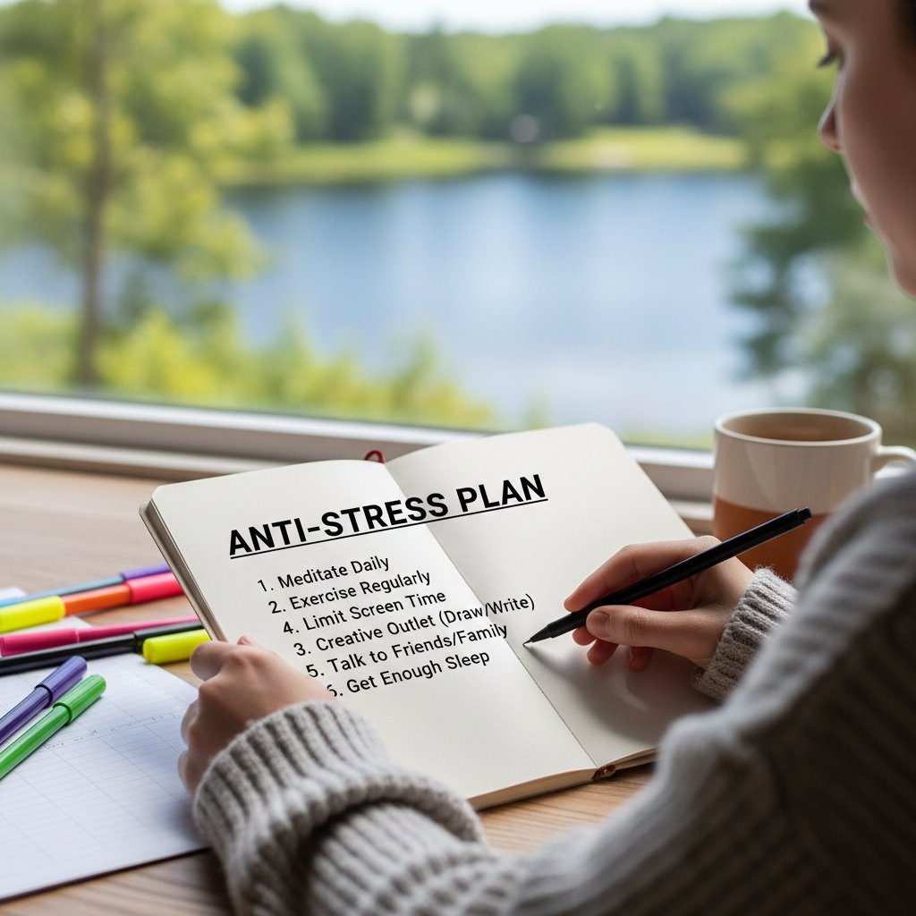 Studentka z notesem i kubkiem herbaty, spisująca plan działania przy oknie – indywidualny plan walki ze stresem