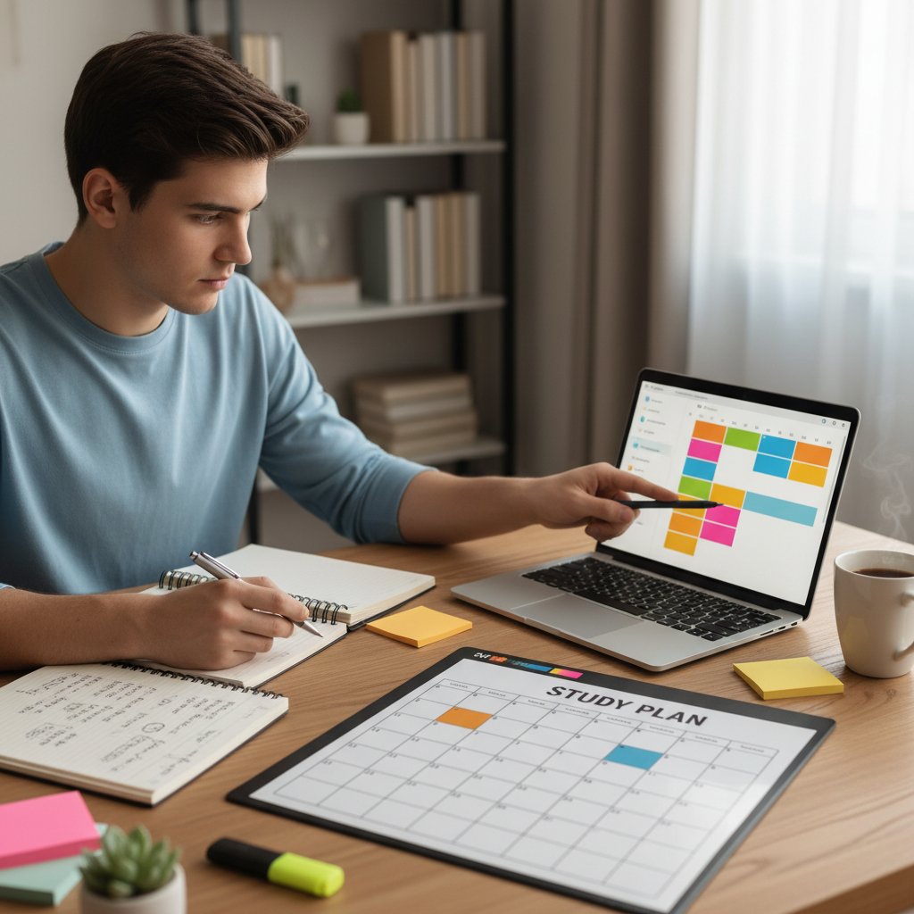 Uczeń planujący naukę składni online z notatnikiem i laptopem