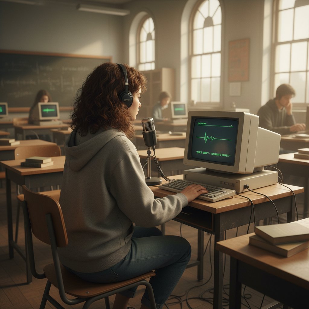 Student testuje wczesne narzędzia automatycznej transkrypcji w pracowni komputerowej