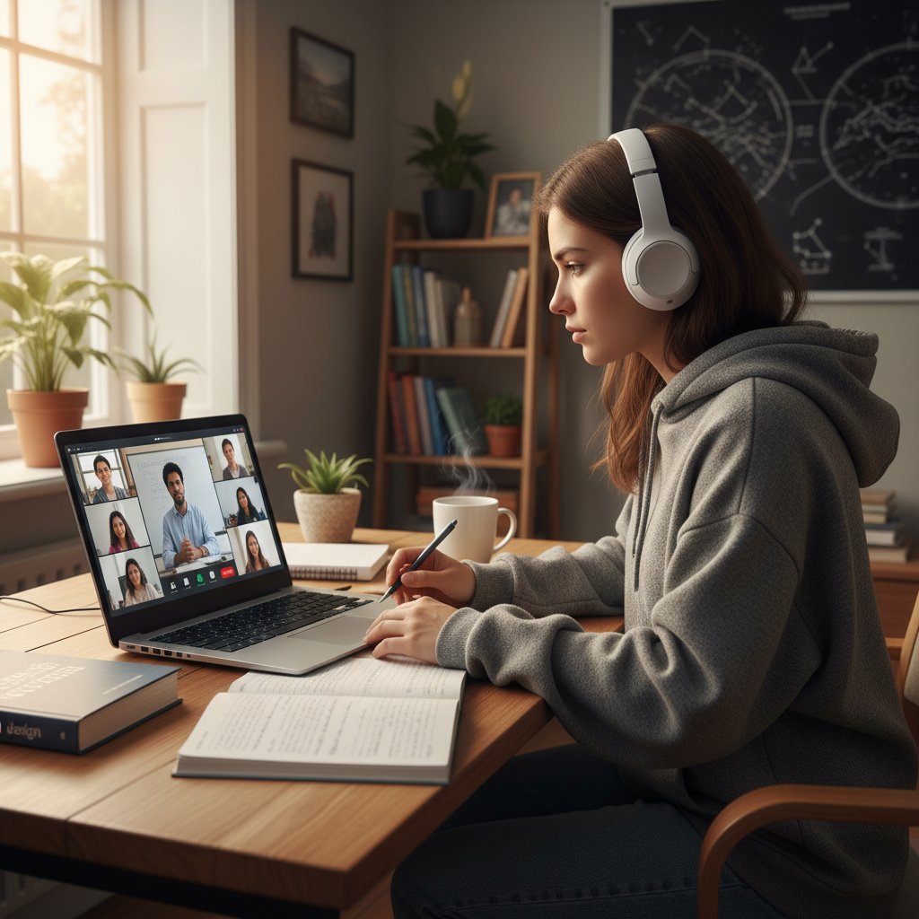 Uczeń podczas lekcji WOS przez internet, skupiony przy biurku z laptopem