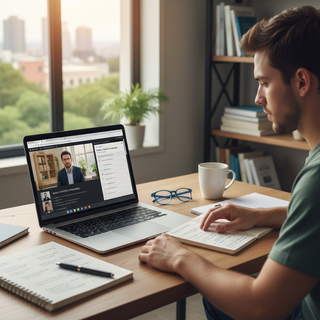 Student analizujący checklistę przed wyborem kursu online, z laptopem i notatnikiem