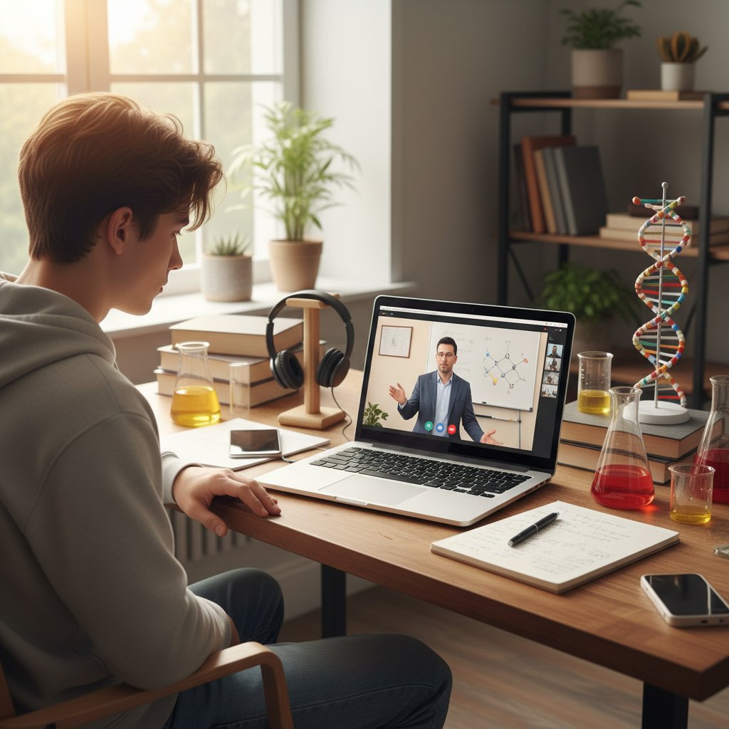 Zdjęcie ucznia korzystającego z platformy edukacyjnej na laptopie