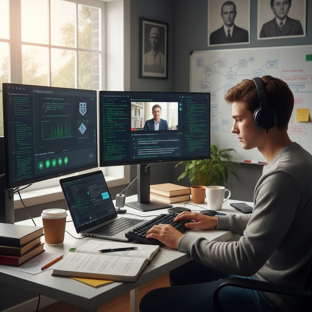 Student przy komputerze, wpatrzony w ekran z kodem, symbolizujący wyzwania nauki kryptografii online