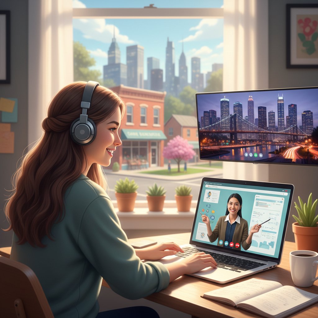 Uczeń z małej miejscowości uczący się online z nauczycielem z dużego miasta, emocje zadowolenia